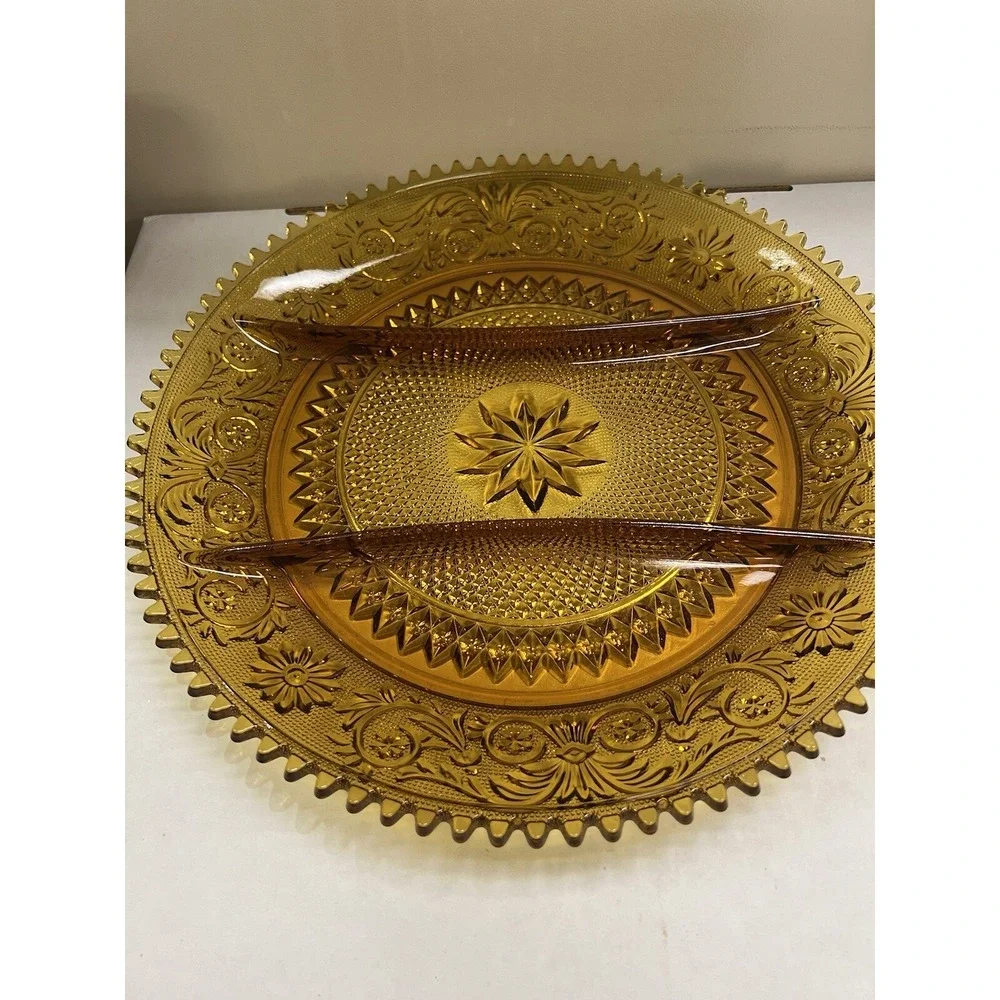 Vtg Tiara Indiana Sandwich Pattern Amber‎ Round Divided Vegetable Platter (897)